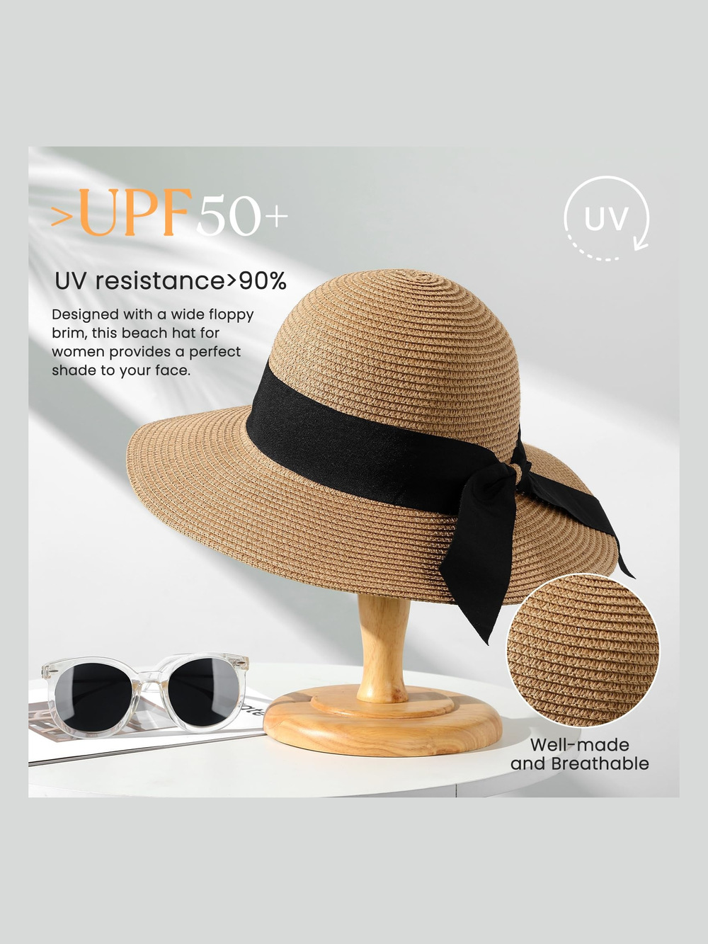Beach Sun Straw Hats for Women, UPF 50+ UV Sun Protection | Khaki | Size OS
